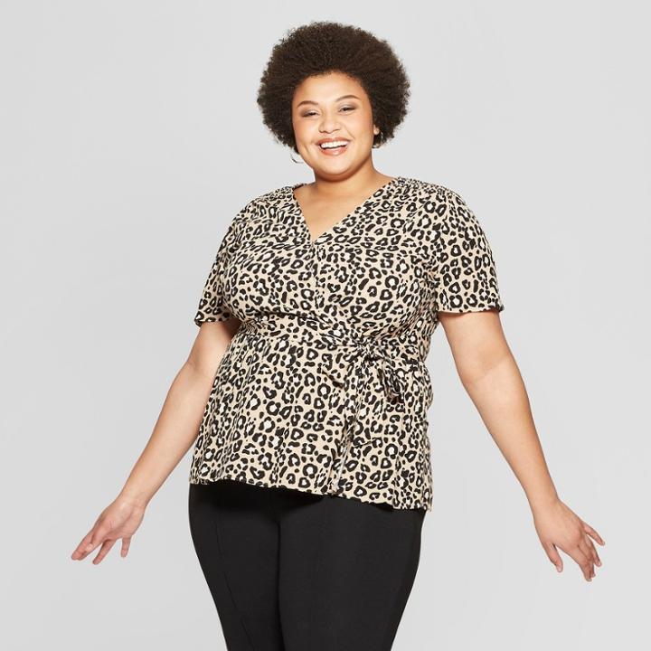 Women's Plus Size Leopard Print Short Sleeve V-neck Wrap Top - Ava & Viv Tan