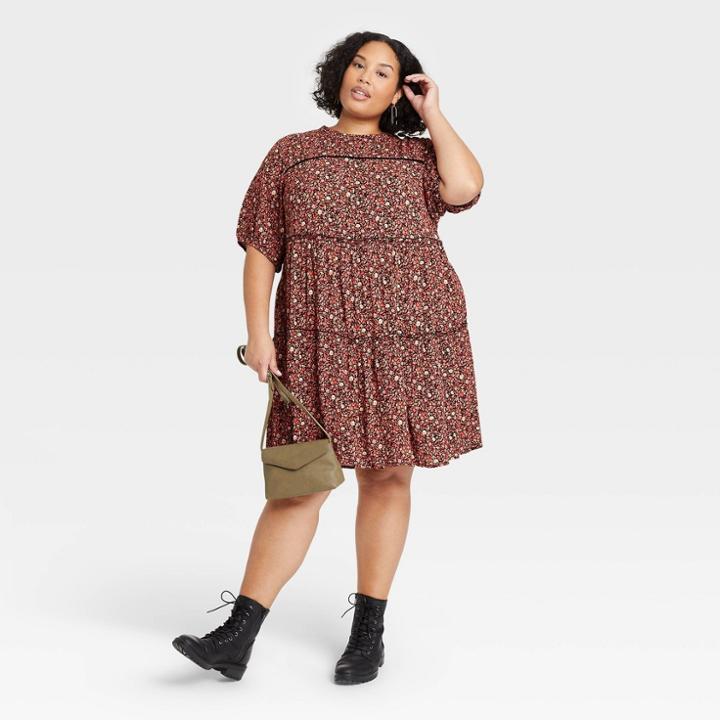 Women's Plus Size Short Sleeve Tiered Dress - Knox Rose Black Floral