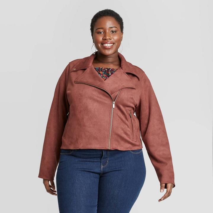 Women's Plus Size Suede Moto Jacket - Ava & Viv Brown X