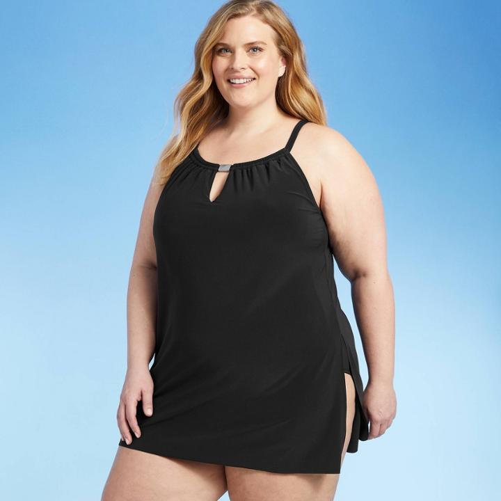 Women's Plus Size High Neck Keyhole Swim Dress - Aqua Green Black