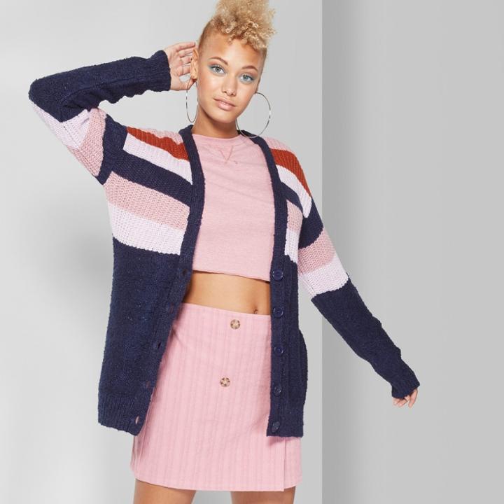 Women's Striped Long Sleeve Button Front Cardigan - Wild Fable Oxford Blue