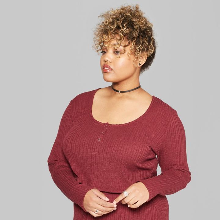 Women's Plus Size Long Sleeve Rib Henley Set Top - Wild Fable Burgundy