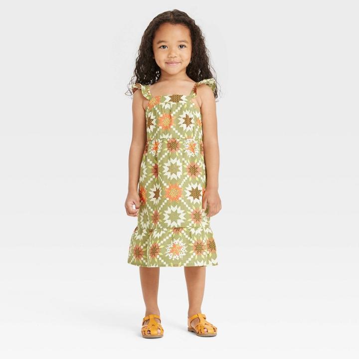 Toddler Girls' Quilt Print Ruffle Sleeve Dress - Cat & Jack Green