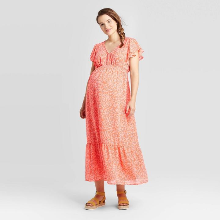 Maternity Floral Print Short Sleeve Smocked Maxi Dress - Isabel Maternity By Ingrid & Isabel Coral Xs, Women's, Red