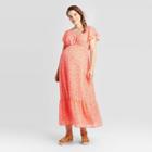 Maternity Floral Print Short Sleeve Smocked Maxi Dress - Isabel Maternity By Ingrid & Isabel Coral Xs, Women's, Red