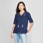 Women's Short Sleeve Crochet Trim Peasant Top - Knox Rose Blue