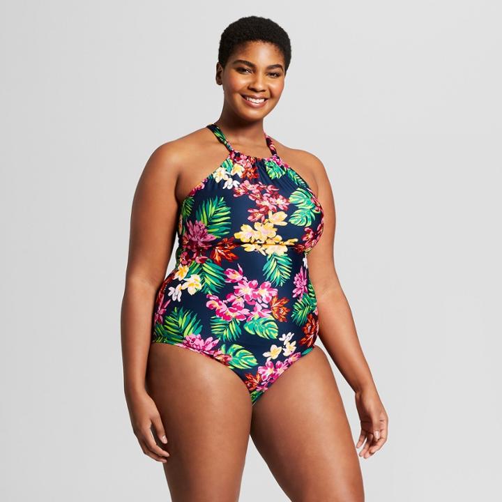 Clean Water Cleanwater Women's Striped Floral High Neck One Piece - Navy Floral