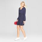 Women's Polka Dots Long Sleeve Tie Front V-neck Dress - Xhilaration Navy (blue)