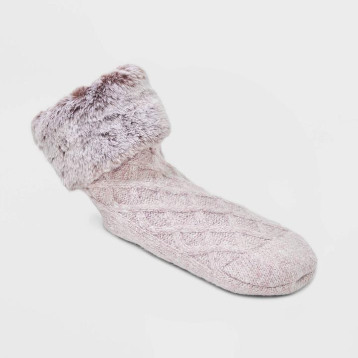 No Brand Women's Cable Knit Faux Shearling Lined Booties With Faux Fur Cuff & Grippers - Mauve
