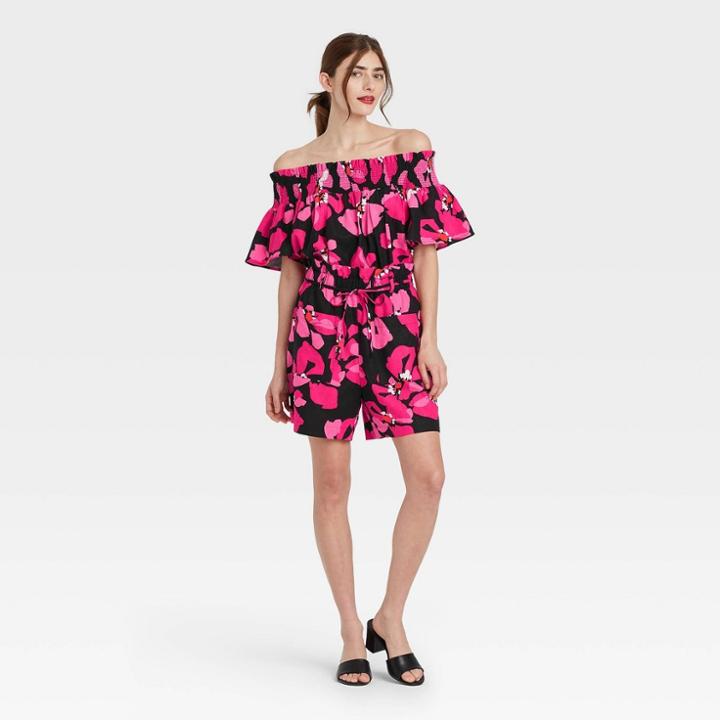 Women's Short Sleeve Smocked Bardot Top - Who What Wear Black Floral