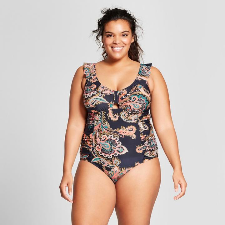 Surfside Women's Plus Size Paisley Ruffle One Piece - Navy