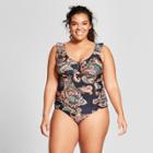 Surfside Women's Plus Size Paisley Ruffle One Piece - Navy