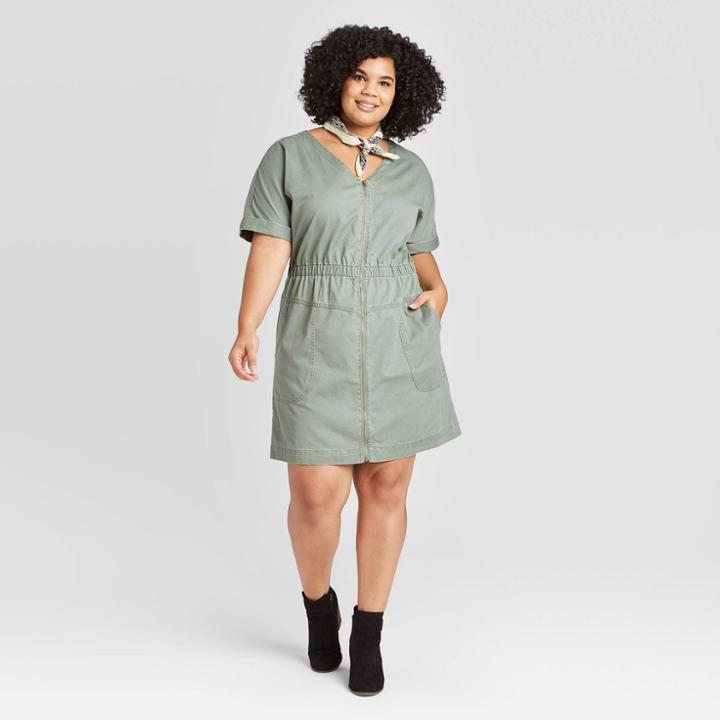 Women's Plus Size Short Sleeve V-neck Front Zip Elastic Waist Dress - Universal Thread Green 1x, Women's,