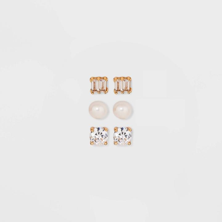 14k Gold Plated Faux Pearl And Cubic Zirconia Trio Stud Earring Set - A New Day Gold