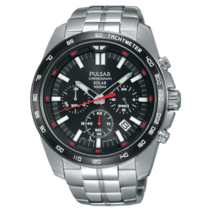 Men's Pulsar Solar Chronograph - Silver Tone With Black Dial Pz5005