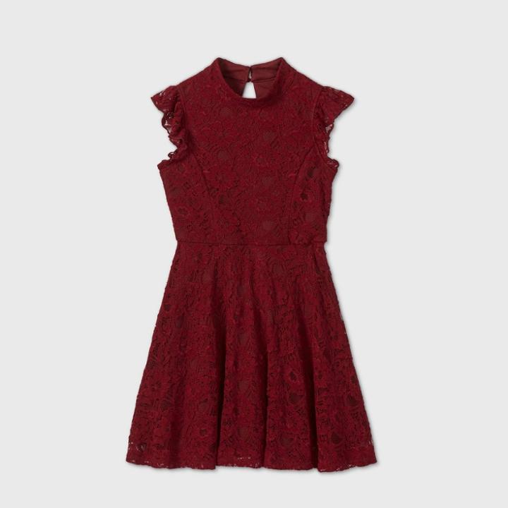 Zenzi Girls' Mock Neck Lace Dress - Burgundy