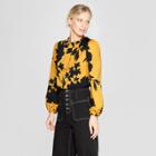 Women's Floral Print Long Bishop Sleeve High Neck Blouse - Who What Wear Yellow/black S, Yellow/black Floral