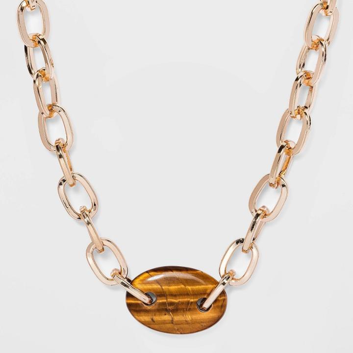Chunky Chain With Oval Semi-precious Pendant Necklace - A New Day Dark Brown