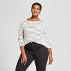 Women's Plus Size Striped Long Sleeve Drapey Boatneck T-shirt - Ava & Viv Black/cream X