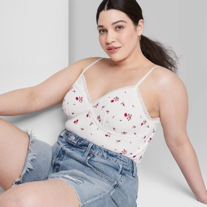 Women's Plus Size Lace Trim Tiny Tank Top - Wild Fable White Floral