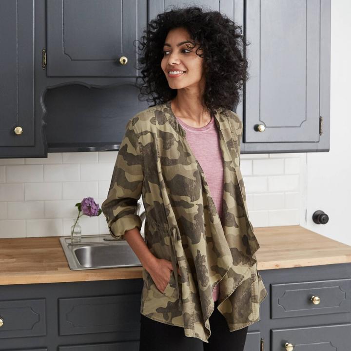 Women's Camo Print Long Sleeve Cargo Jacket - Knox Rose Green