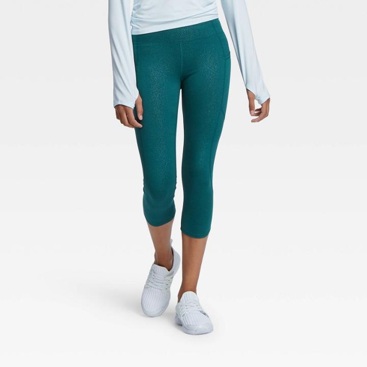 Girls' Shimmer Side Pocket Capri Leggings - All In Motion Dark Teal Xs, Girl's, Dark Blue