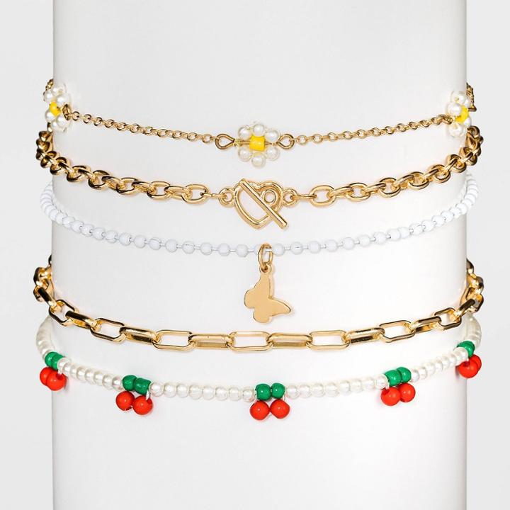 Butterfly Flower And Cherry Beaded Chain Choker Set 5pc - Wild Fable , Red