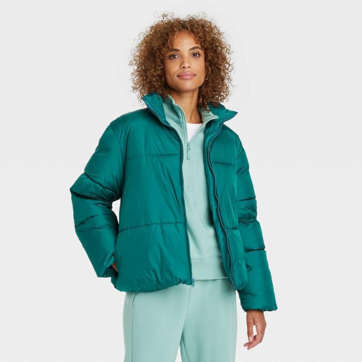 Women's Short Wet Look Puffer Jacket - A New Day Teal