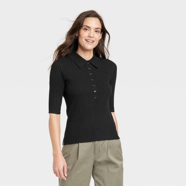 Women's Henley Neck Sweater - A New Day Black