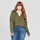 Women's Plus Size Long Sleeve V-neck Camp Shirt - Universal Thread Olive (green)