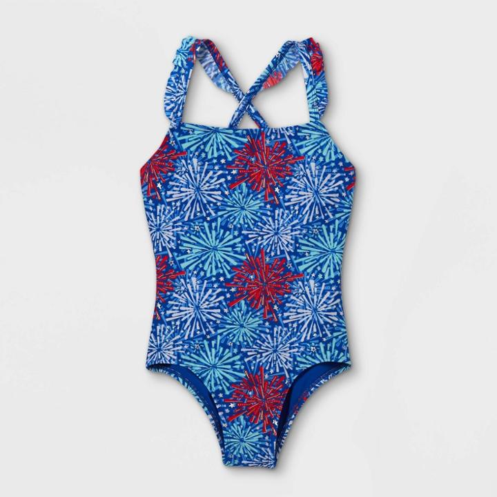 Girls' Firework Foil One Piece Swimsuit - Cat & Jack Blue