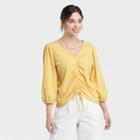 Women's Puff 3/4 Sleeve V-neck Front Ruched Top - A New Day Yellow