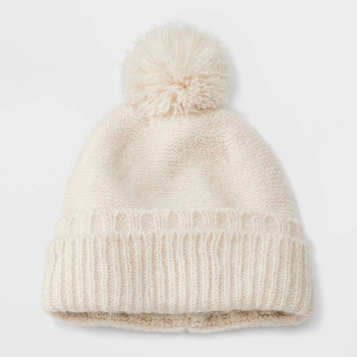 Women's Cuffed Beanie With Pom - Universal Thread Cream, Ivory