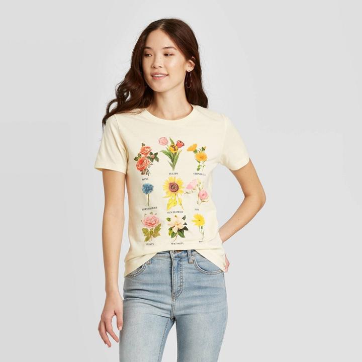 Women's Botanical Flowers Short Sleeve T-shirt - Fifth Sun (juniors') - Beige