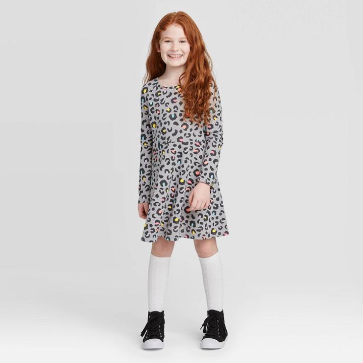 Girls' Long Sleeve Animal Print Dress - Cat & Jack Charcoal L, Girl's, Size: