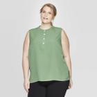 Women's Plus Size Sleeveless Button Front Woven Neck Tank Top - Prologue Green X