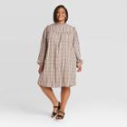 Women's Plus Size Plaid Long Sleeve Ruffle Dress - A New Day Brown