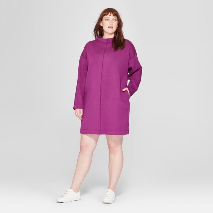Women's Plus Size Long Sleeve Mock Neck Scuba T-shirt Dress - Prologue Purple