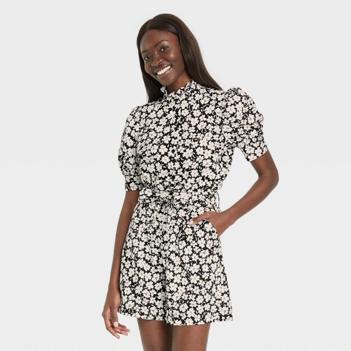 Women's Floral Print Puff Elbow Sleeve Ruffle Detail Top - Who What Wear Black