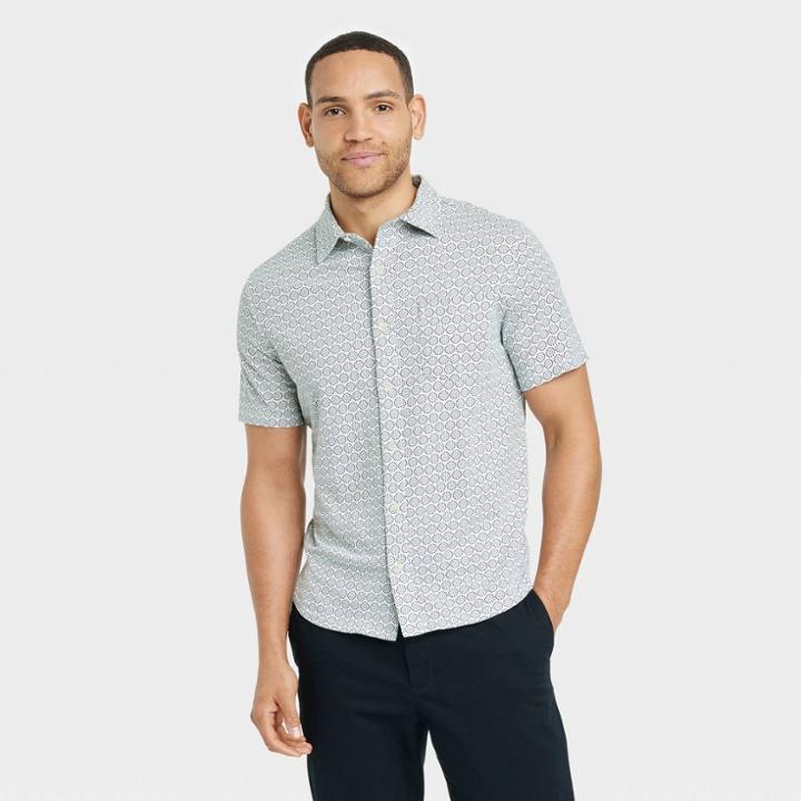 Men's Short Sleeve Knit Button-down Shirt - Goodfellow & Co Cement Gray