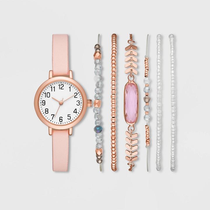 Women's Full Arabic Strap Watch Set - A New Day Rose Gold/white