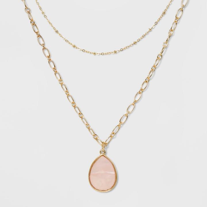 Two Rows And Mother Of Pearl Drop Short Necklace - A New Day Pink/gold
