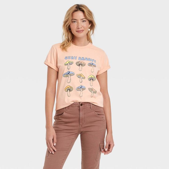 Grayson Threads Women's Stay Groovy Mushroom Grid Short Sleeve Graphic T-shirt - Pink