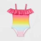 Toddler Girls' Off The Shoulder One Piece Swimsuit - Cat & Jack 12m, Blue/orange/pink