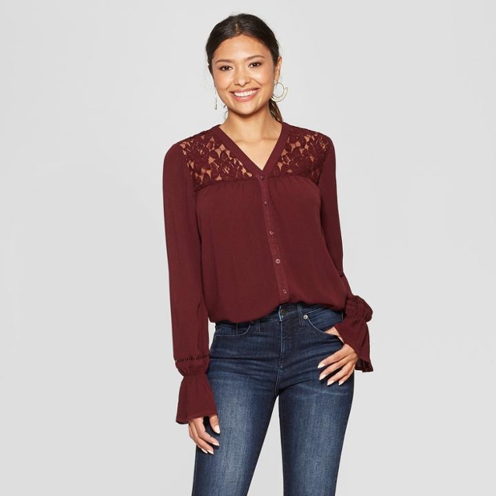Women's Long Sleeve Collarless Lace Inset Button-down Blouse - Knox Rose Burgundy