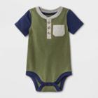 Baby Boys' Henley Colorblock Short Sleeve Bodysuit With Pocket - Cat & Jack Olive Green Newborn