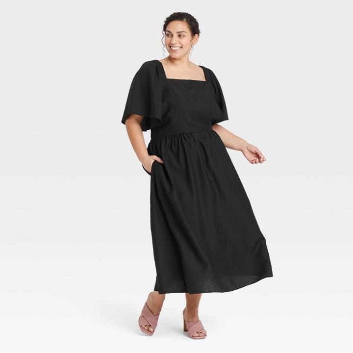 Women's Plus Size Flutter Short Sleeve Tie-back Dress - A New Day Black