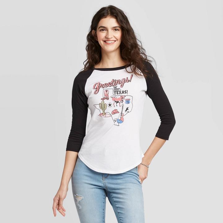 Women's 3/4 Sleeve Round Neck Texas Greetings Graphic T-shirt - Modern Lux Black/white