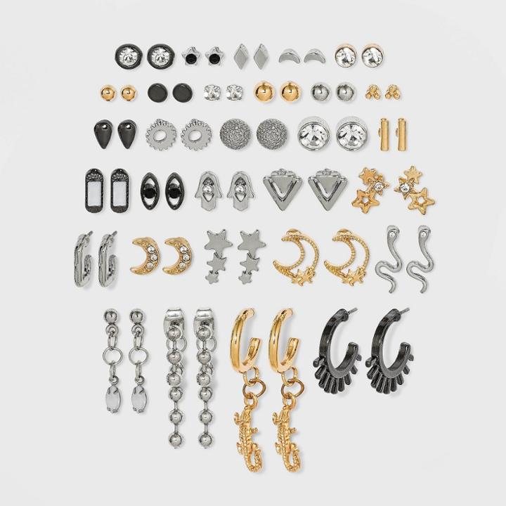 Moon Star And Lizard Hoop And Stud Earring Set 30pc - Wild Fable , Black/gold/silver