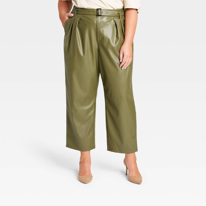 Women's Plus Size High-rise Regular Fit Belted Pants - Who What Wear Green